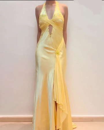 Vintage Mermaid Halter Beaded Yellow Chiffon Satin Evening Dress Party Dress HZ1023